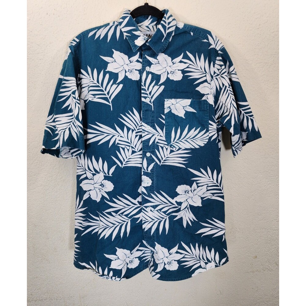 Impact Men L Tropical Hawaiian Shirt Green White Floral Hibiscus 100% Cotton GUC